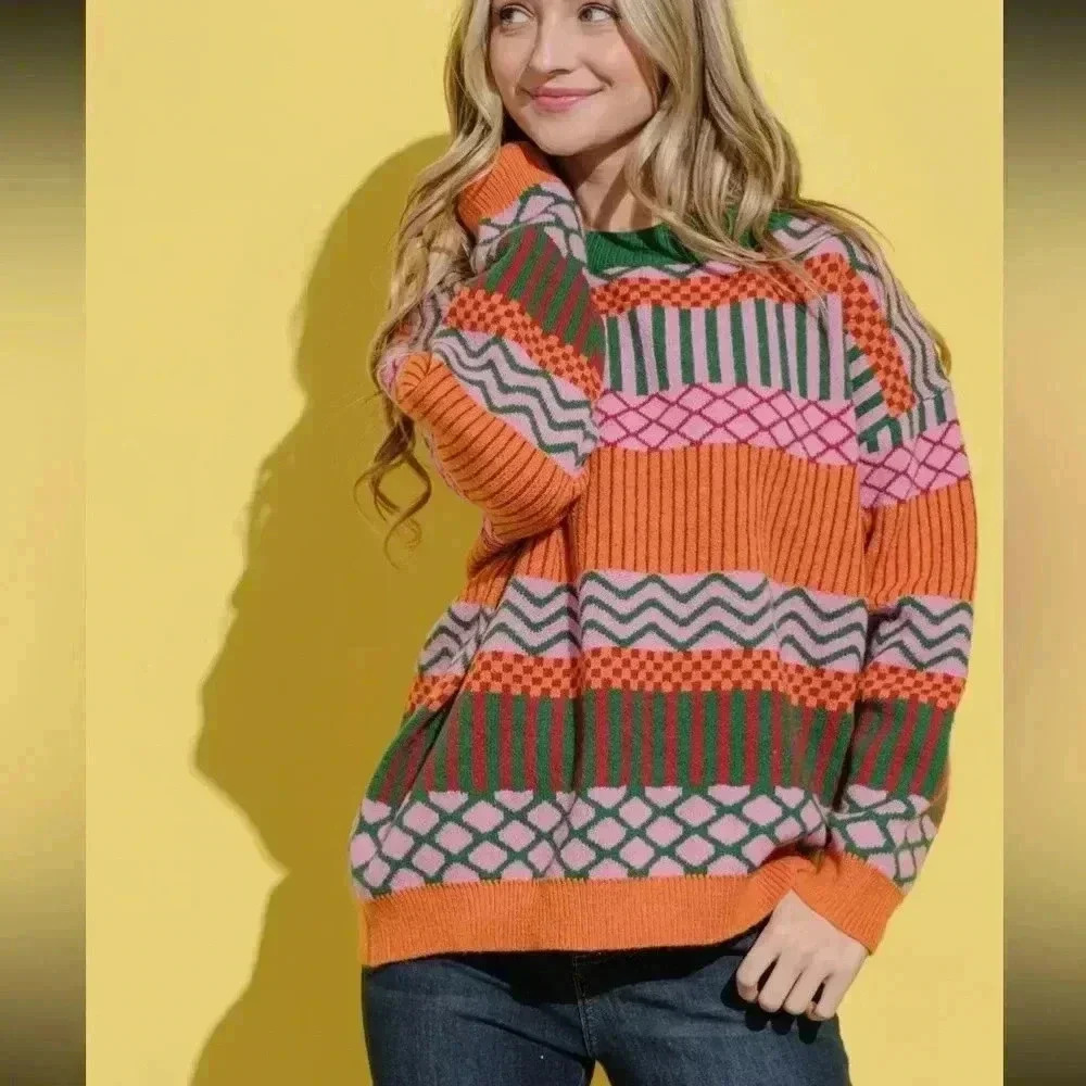 Multicolor Aztec tribal holiday NWT boho bohemian oversized knit sweater M/L
